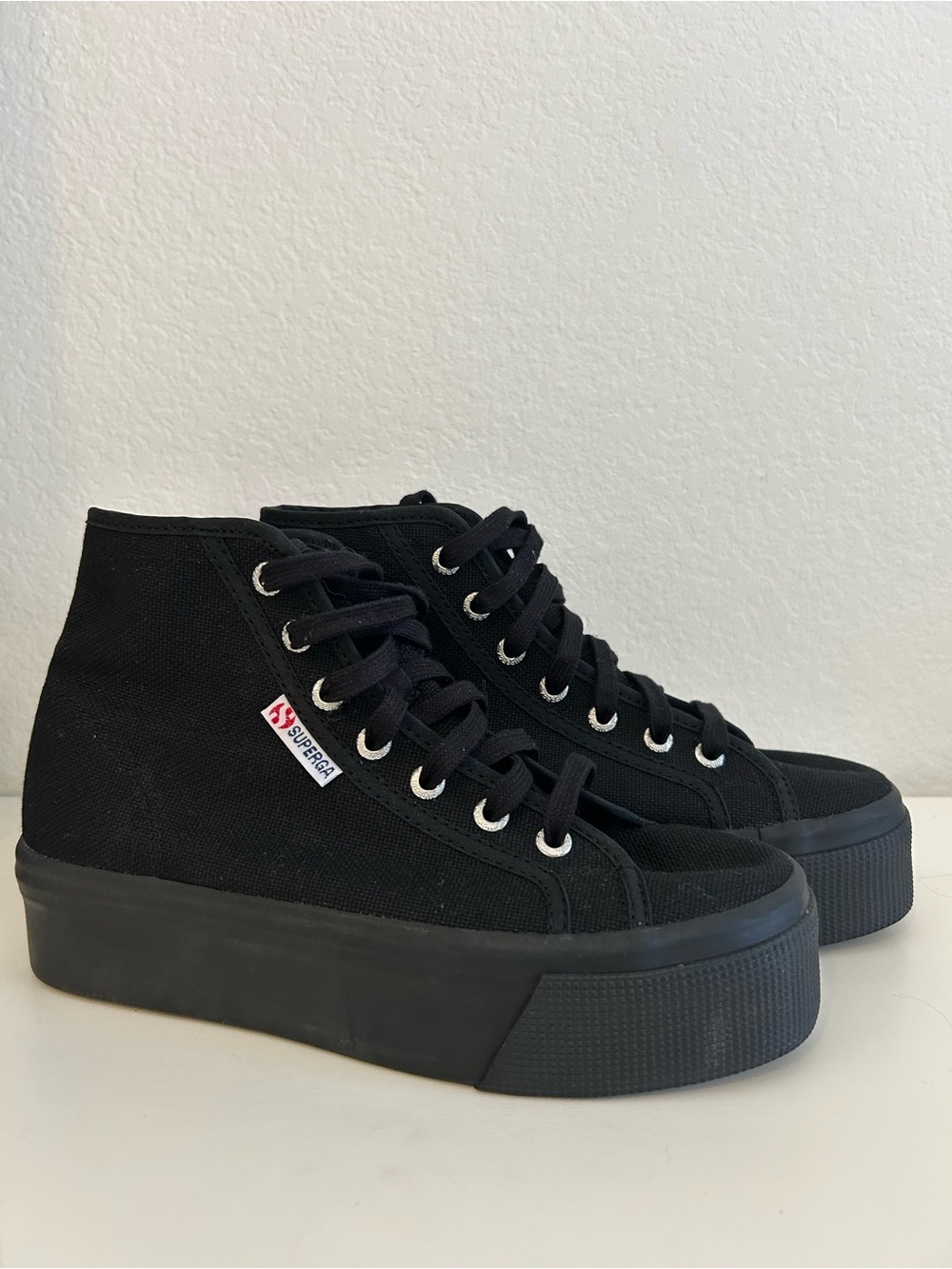 Superga High-Top Black Canvas Platform Sneakers with Black Soles, Women Size 7.5